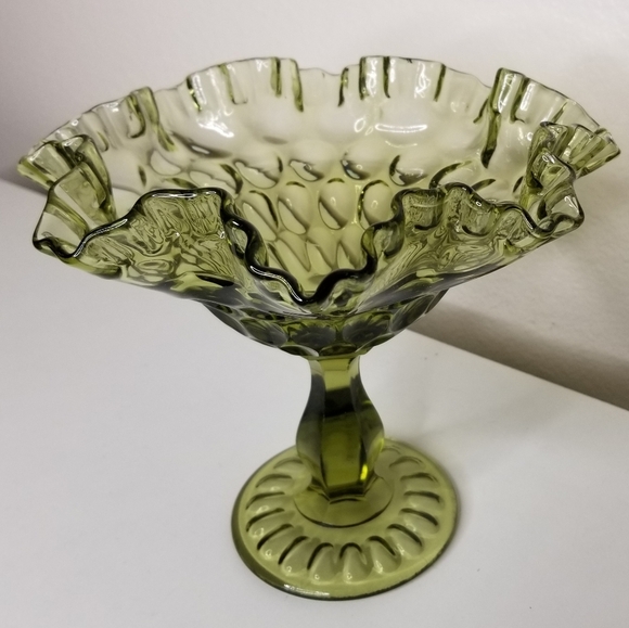 Colonial Green‎ Glass Thumbprint Footed Compote Candy Dish 7"H - Picture 3 of 7